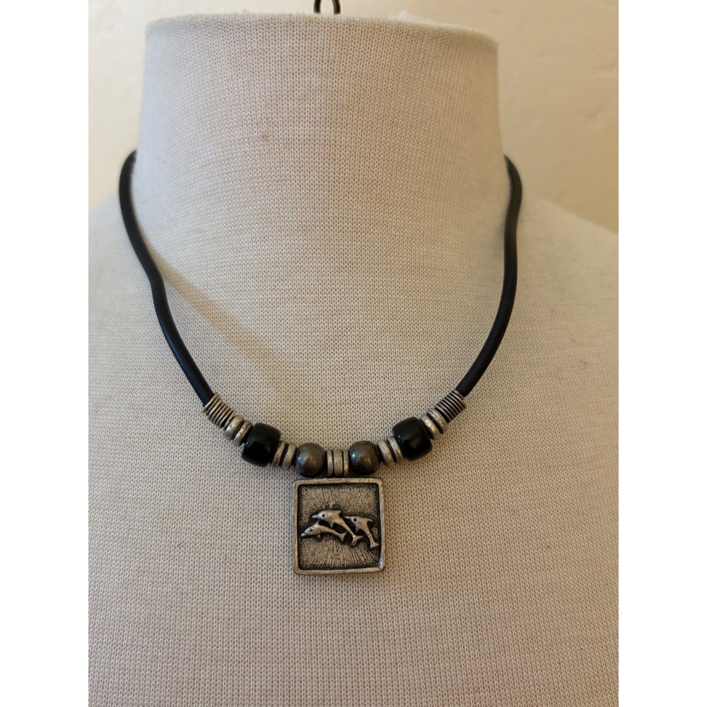 Cool Jewels Dolphin Necklace Black Rubber Cord Silver Tone Pendant 18‎ Inch